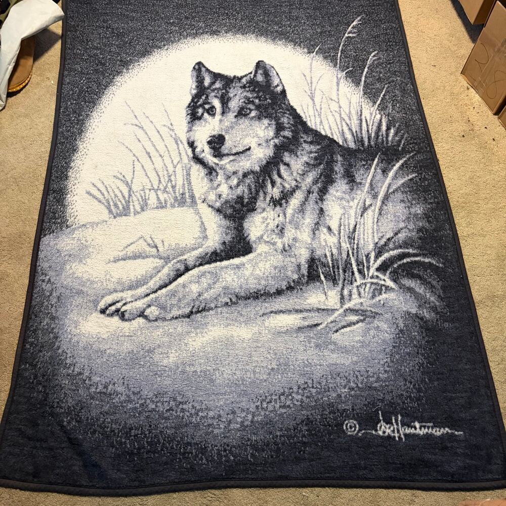 Vintage Biederlack Reversible Throw Blanket Wolf Moon Snow Acrylic USA 54x74